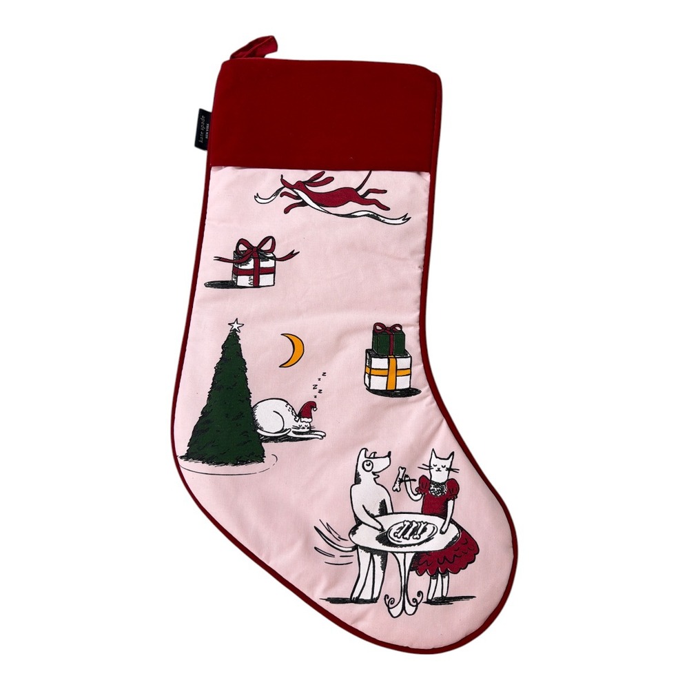 Kate Spade New York Holiday Party cotton stocking Cat & Dog NEW